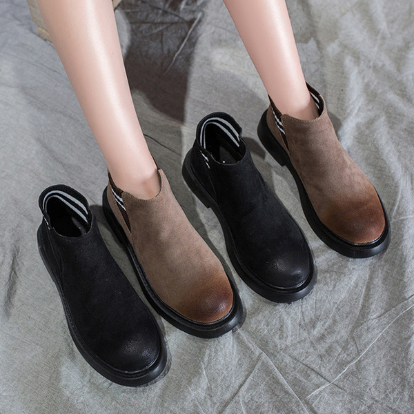 Cizme de dama din piele intoarsa cu talpa plata in doua culori