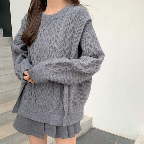 Pulover gros de iarnă în gri și bej