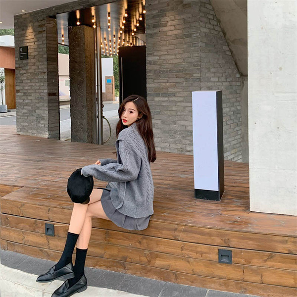 Pulover gros de iarnă în gri și bej