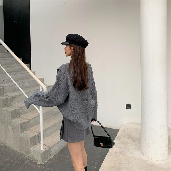 Pulover gros de iarnă în gri și bej