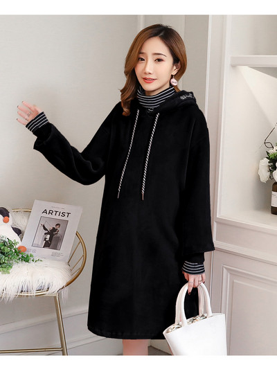 Rochie casual de dama din catifea cu maneci lungi de culoare roz si negru potrivita femeilor insarcinate