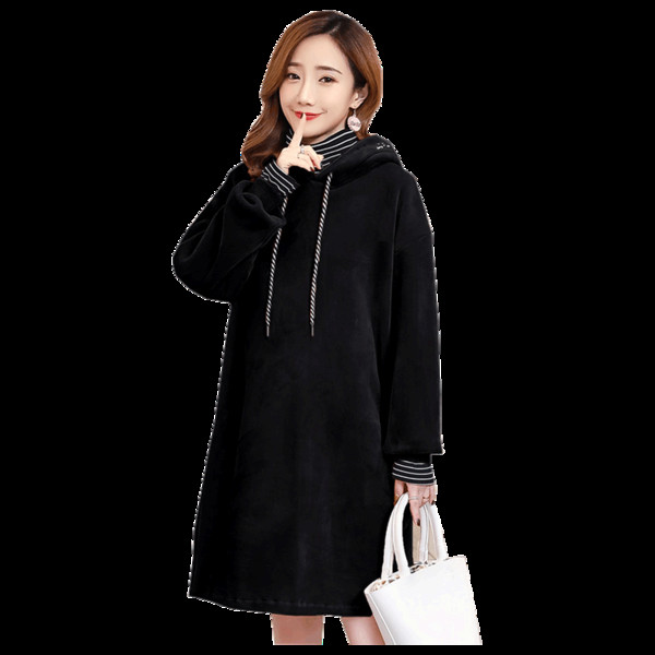 Rochie casual de dama din catifea cu maneci lungi de culoare roz si negru potrivita femeilor insarcinate