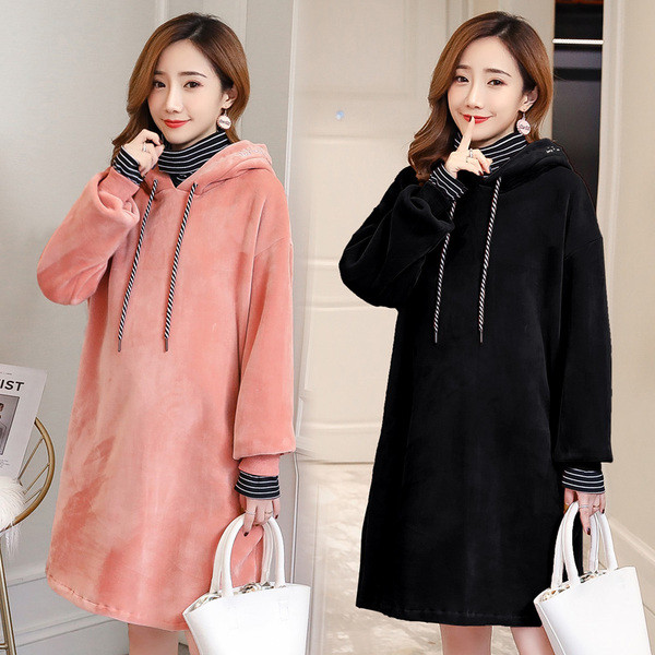 Rochie casual de dama din catifea cu maneci lungi de culoare roz si negru potrivita femeilor insarcinate