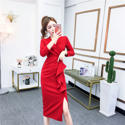 Модерна дамска рокля с дълъг ръкав и шпиц деколте в червен и син цвят