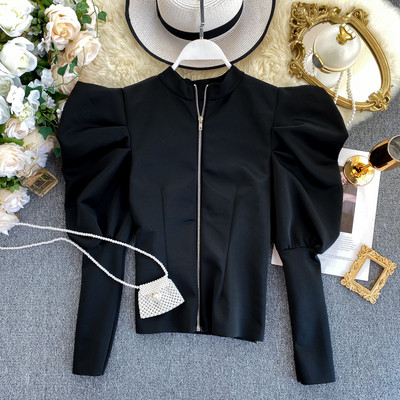 Κομψή γυναικεία μπλούζα με φερμουάρ με βολάν μανίκι σε τρία χρώματα