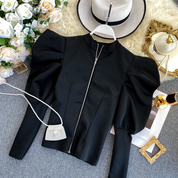 Κομψή γυναικεία μπλούζα με φερμουάρ με βολάν μανίκι σε τρία χρώματα