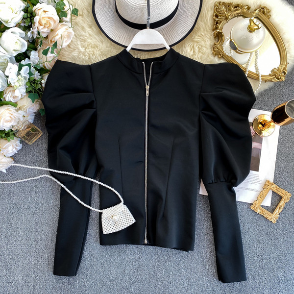 Κομψή γυναικεία μπλούζα με φερμουάρ με βολάν μανίκι σε τρία χρώματα