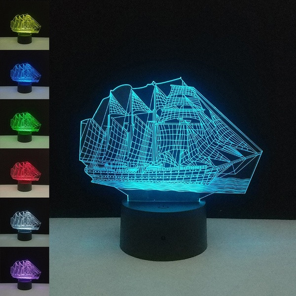Desktop 3D LED lamp with remote color control in the shape of a ship