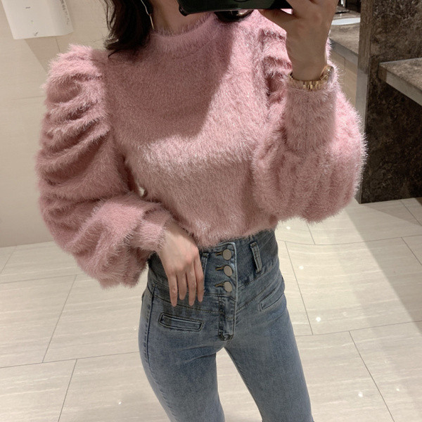 Bluză cu puf, cu mâneci largi, în culorile alb, roz și negru