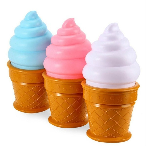 Night LED lamp in the shape of ice cream in white, pink and blue