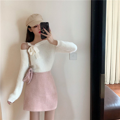 Pulover casual de dama cu panglica si umar gol in roz si alb