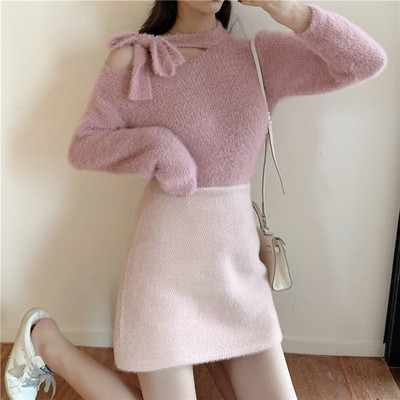 Pulover casual de dama cu panglica si umar gol in roz si alb