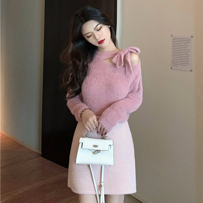 Pulover casual de dama cu panglica si umar gol in roz si alb