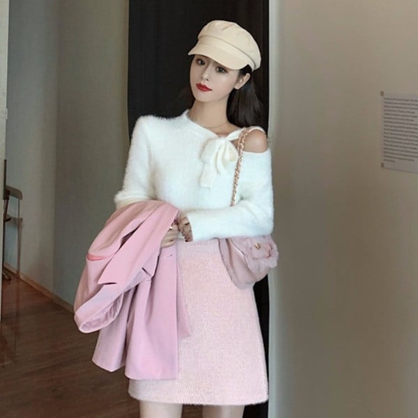 Pulover casual de dama cu panglica si umar gol in roz si alb