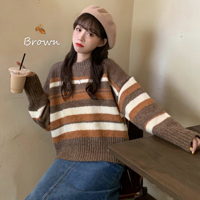 Női alkalmi csíkos kötött blúz két színben, ovális nyakkivágással