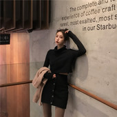 Fusta dama tricotata cu talie inalta cu nasturi in doua culori