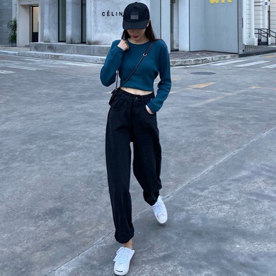 Blugi largi de dama in albastru si negru cu talie inalta