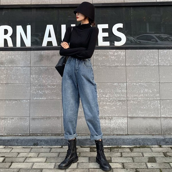 Blugi largi de dama in albastru si negru cu talie inalta