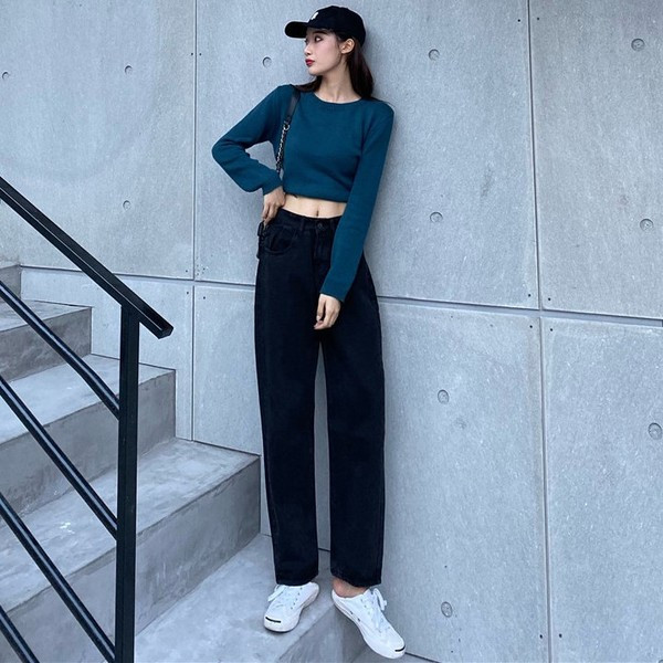 Blugi largi de dama in albastru si negru cu talie inalta