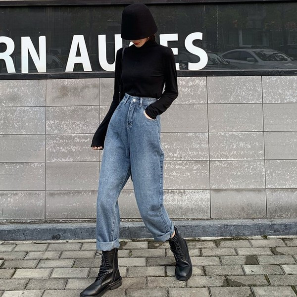 Blugi largi de dama in albastru si negru cu talie inalta