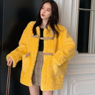 Ежедневно дамско палто с висока яка в жълт и зелен цвят