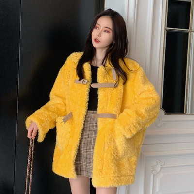 Ежедневно дамско палто с висока яка в жълт и зелен цвят