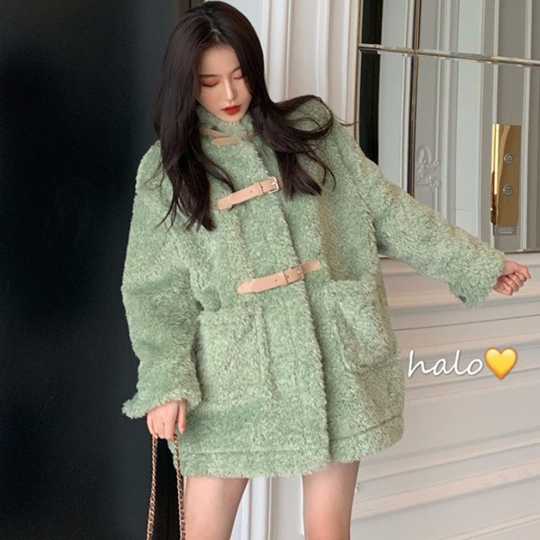 Ежедневно дамско палто с висока яка в жълт и зелен цвят