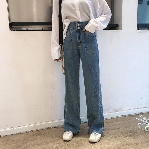 Blugi largi de dama cu buzunare in albastru