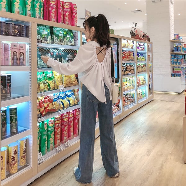 Blugi largi de dama cu buzunare in albastru