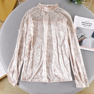 Bluza de dama moderna din catifea cu dantela si guler inalt in mai multe culori