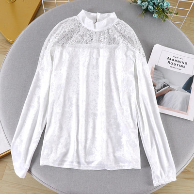 Bluza de dama moderna din catifea cu dantela si guler inalt in mai multe culori