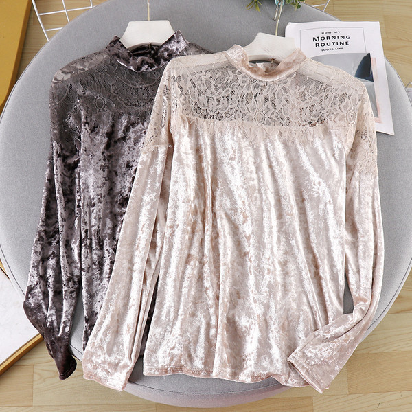 Bluza de dama moderna din catifea cu dantela si guler inalt in mai multe culori