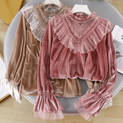 Cămașă modernă de damă cu dantelă și guler înalt în trei culori