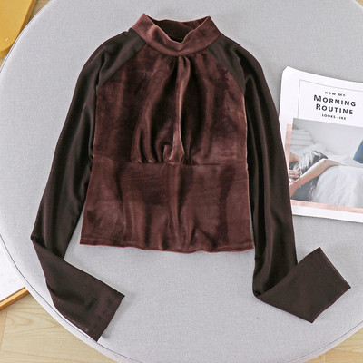 Bluză de damă cu guler înalt și mâneci lungi în patru culori de catifea