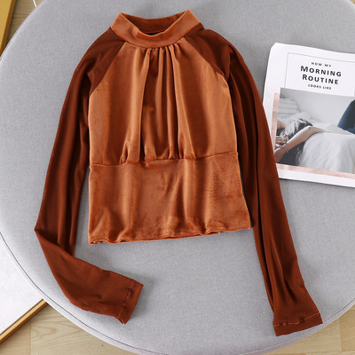 Bluză de damă cu guler înalt și mâneci lungi în patru culori de catifea