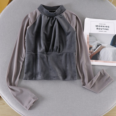 Bluză de damă cu guler înalt și mâneci lungi în patru culori de catifea