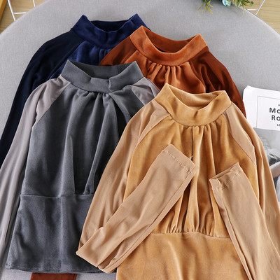 Bluză de damă cu guler înalt și mâneci lungi în patru culori de catifea