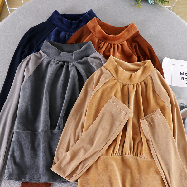 Bluză de damă cu guler înalt și mâneci lungi în patru culori de catifea