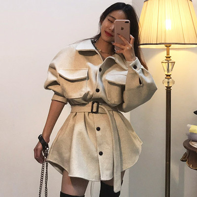 Palton de dama model nou cu curea in talie si buzunare mari in doua culori