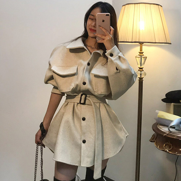 Palton de dama model nou cu curea in talie si buzunare mari in doua culori