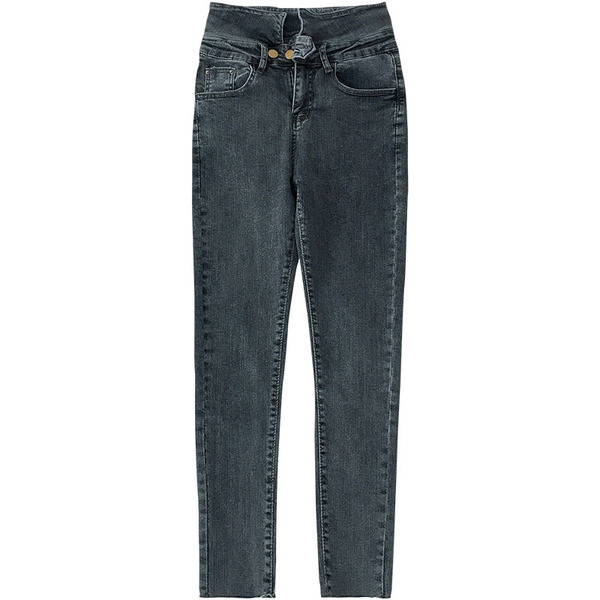 Blugi moderni de dama cu talie inalta si nasturi in albastru