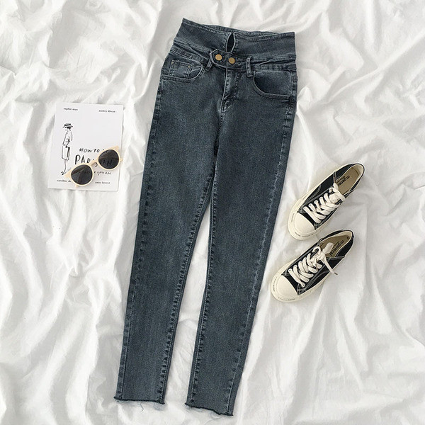 Blugi moderni de dama cu talie inalta si nasturi in albastru