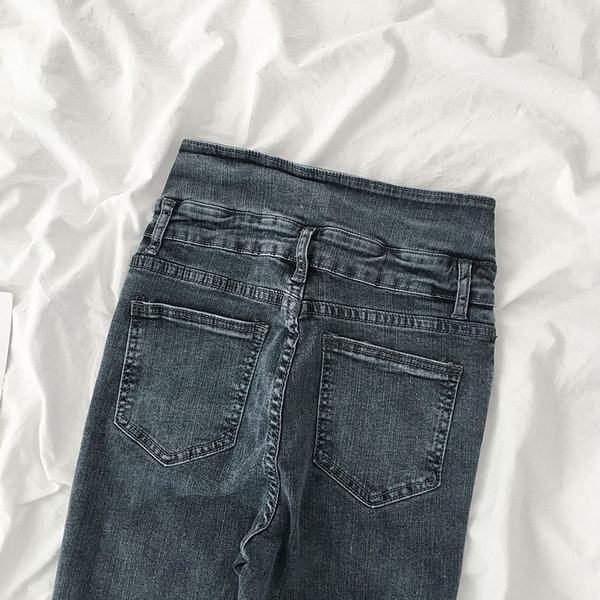 Blugi moderni de dama cu talie inalta si nasturi in albastru