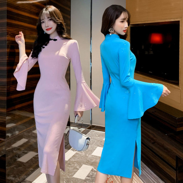 Rochie moderna de dama cu maneci lotus in roz si albastru