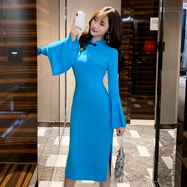 Rochie moderna de dama cu maneci lotus in roz si albastru