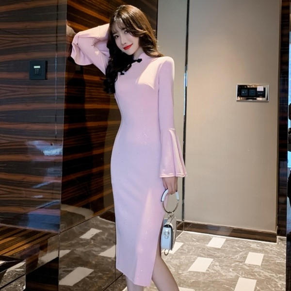 Rochie moderna de dama cu maneci lotus in roz si albastru