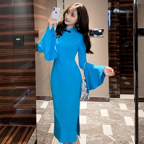 Rochie moderna de dama cu maneci lotus in roz si albastru