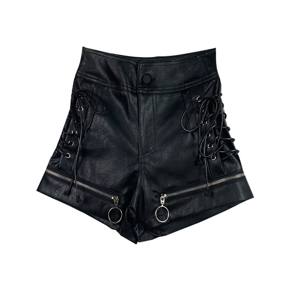 Κοντά γυναικεία παντελόνια από οικολογικό δέρμα με κορδόνια και φερμουάρ