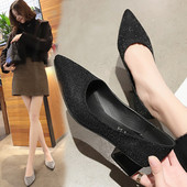 Pantofi moderni de dama cu toc gros si efect stralucitor in mai multe culori