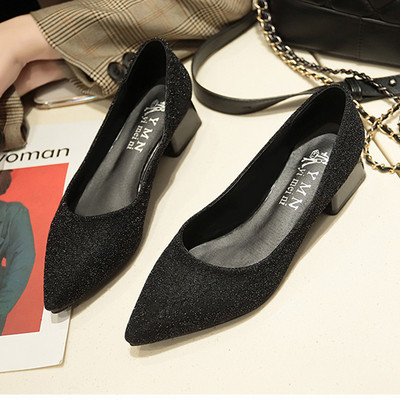 Pantofi moderni de dama cu toc gros si efect stralucitor in mai multe culori